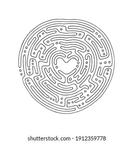 Heart maze. Heart shaped hand drawn labyrinth outline graphic. Love, friendship and relations concept sketch drawing vector illustration. Part of set.