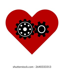 Heart with Mechanical Gears Vector Illustration. A bold vector illustration featuring two black mechanical gears placed inside a large red heart shape.