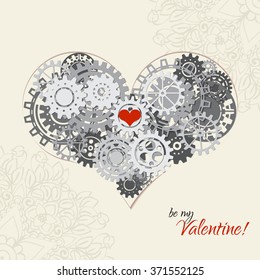 Heart as a mechanism made of cogs and gears. Vector Illustration  of steampunk machinery love. Valentines day card with sign on ornate background