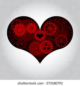 Heart as a mechanism made of cogs and gears. Vector Illustration  of steampunk machinery love. Valentines day card with sign on ornate background