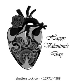 Heart with a mechanism and a rose. Vector image.