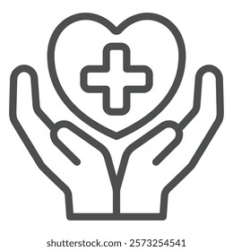 Heart with medical cross in hands line icon, human rescue concept. Vector graphics. Medical plus on heart in hand palms sign on white background, outline style icon for mobile or web design