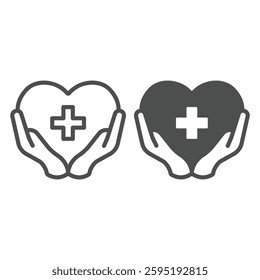 Heart and medical cross in hands line and solid icon, charity concept. Vector graphics. Hands with cross on heart, donation sign on white background, outline style icon for mobile or web design
