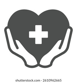 Heart and medical cross in hands solid icon, charity concept. Vector graphics. Hands with cross on heart, donation sign on white background, glyph style icon for mobile or web design