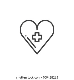 Heart with medical cross line icon, outline vector sign, linear style pictogram isolated on white. Medicine and Health symbol, logo illustration. Editable stroke