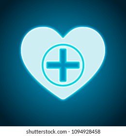 Heart and medical cross. Simple icon. Neon style. Light decoration icon. Bright electric symbol