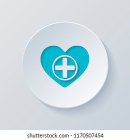 Heart and medical cross. Simple icon. Cut circle with gray and blue layers. Paper style