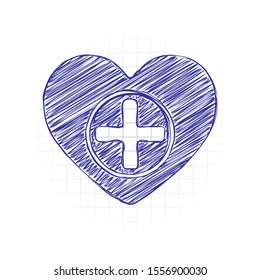 Heart And Medical Cross. Simple Icon. Hand Drawn Sketched Picture With Scribble Fill. Blue Ink. Doodle On White Background