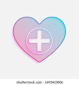 Heart and medical cross. Simple icon. Colored logo with diagonal lines and blue-red gradient. Neon graphic, light effect