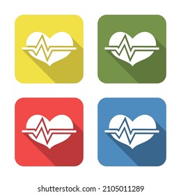 Heart. Medical icon isolated on green, yellow, blue and red background. First aid. Healthcare, medical and pharmacy sign. Square button. Vector Illustration