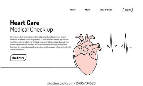 Heart medical landing page. Continuous line art drawing. One line healthcare. Cardiogram outline simple with editable stroke vector.