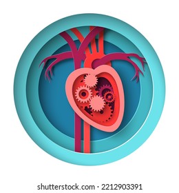 Heart medical paper cut vector. Health day concept. Human organ engine, mechanical motor origami design with gear wheels. Abstract clinic or hospital poster. Cardiovascular disease awareness