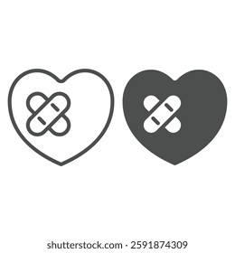 Heart with medical plaster line and solid icon, health care concept. Vector graphics. Plaster with heart shape sign on white background, outline style icon for mobile or web design