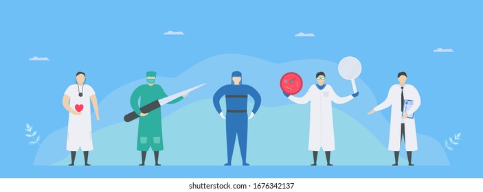 Heart medical team for endocarditis. This team include cardiologists, cardiac surgeon, infectious disease physician, microbiologist and intensivist. Character doctors design.