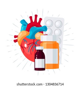 Heart Medication Concept. Vector Illustration For Medical Articles, Posters, Web Banners Etc. In Flat Style