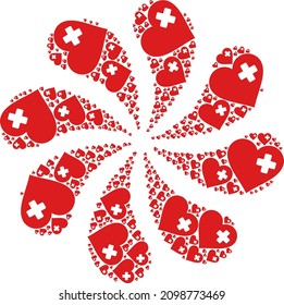 Heart medicine icon rotation spin flower salute shape. Rotation twist composed using scattered heart medicine symbols.