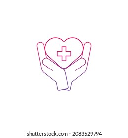 Heart and medicine symbol in palm. Vector icon