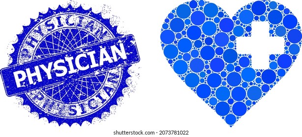 Composición vectorial de los puntos redondos en tamaños variables y tintes de color azul, y sello de timbre del médico de grunge. El sello de sello rojo agudo redondo azul contiene el texto del médico dentro de él.