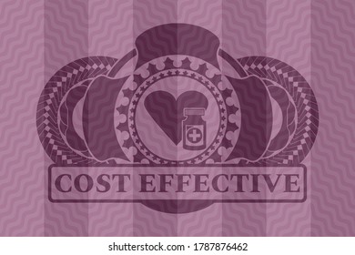 heart medicines icon and Cost effective text pink wavy emblem. Curve handsome background. Intense illustration. 