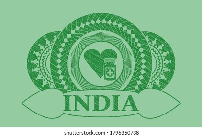 heart medicines icon and India text Green stroke badge. Eco graceful background. Vector illustration. 