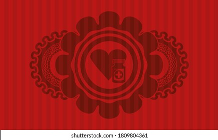 ícono de medicamentos para el corazón dentro del emblema del color rojo. Los bares de lujo. Ilustración intensa. 