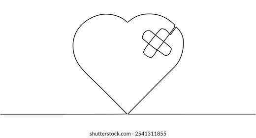 O coração foi cortado com um remendo em um desenho contínuo de uma linha. Conceito de amor. Projeto de vetor minimalista desenhado à mão.