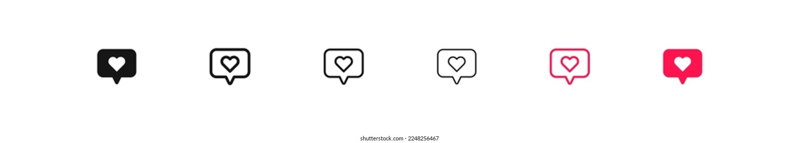 Icono de mensaje de corazón. Símbolo de burbuja de amor. Como las señales. Iconos de notificación feliz. Color negro y rojo. Signo aislado del vector.
