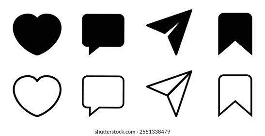 Guardar Conjunto de me gusta, comentar, compartir e ícono. Ilustración vectorial de ícono de redes sociales sobre fondo blanco.