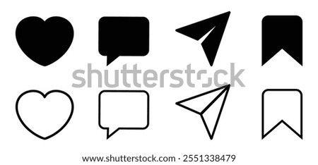Heart, message, send, and bookmark icons in solid and outline styles. Ideal for social media, chat apps, notifications, likes, messages, saving posts, and UI design elements.