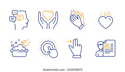 Heart, Messages and Touchscreen gesture line icons set. Hold heart, Hand washing and Clapping hands signs. Click hand, Job interview symbols. Love, Notifications. People set. Line heart icon. Vector