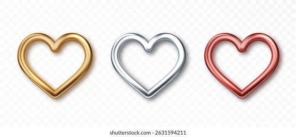 Heart metallic 3d frames. Gold, silver and bronze heart isolated. Design element for Valentine day.