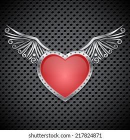 Heart with metallic wings on metal circular grid background. EPS10 vector