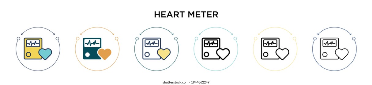 Icono del medidor de corazón en el estilo relleno, delgado, contorno y trazo. Ilustración vectorial de dos diseños de iconos vectores de medidores de corazón de color y negro se pueden utilizar para móviles, ui, web