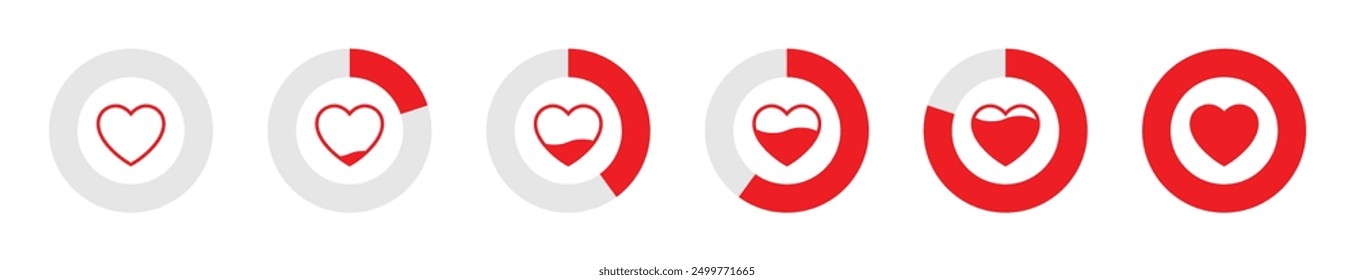 Heart meter levels or gauge icon set in divided pie circles illustration in red color on white background. 0 to 100 percent heart rating level vector icon set. Valentine's day love meter.