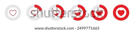 Heart meter levels or gauge icon set in divided pie circles illustration in red color on white background. 0 to 100 percent heart rating level vector icon set. Valentine's day love meter.