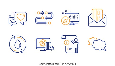 Heart, Methodology and Online shopping line icons set. Web system, Refill water and Credit card signs. Manual doc, Messenger symbols. Star rating, Development process. Technology set. Vector