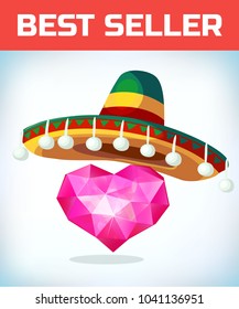 Heart in mexican hat. Heart Icon Vector. Love symbol. Valentine Day sign. Cartoon Vector illustration.