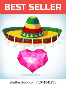 Heart in mexican hat. Heart Icon Vector. Love symbol. Valentine Day sign. Cartoon Vector illustration

