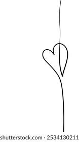 Heart in the middle of a vertical line, Sketch by hand, One line drawing on a white background