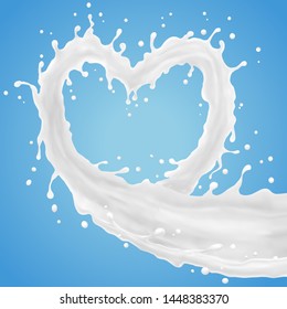 Heart of milk splash and pouring on blue background, 3d illustration