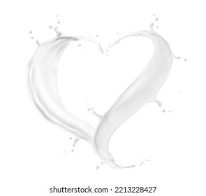 Heart milk, yogurt or cream wave splash. Yogurt fluid realistic vector whirl, droplet or drip, milkshake liquid 3d swirl, fizz or ripple. Milky beverage stream splay frozen motion background svg