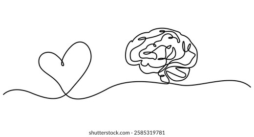 heart mind brain connection continuous one line drawing, heart mind brain connection mental health one line art design, Human brain and heart continuous one line art drawing. Rationality with emotions