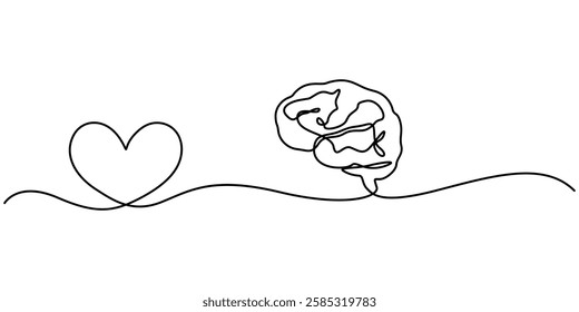 heart mind brain connection continuous one line drawing, heart mind brain connection mental health one line art design, Human brain and heart continuous one line art drawing. Rationality with emotions