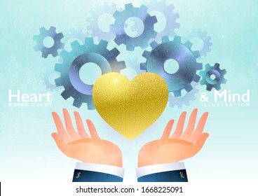 Heart and Mind for Business Visual Concept. The hands lift the golden heart along with the gears working simultaneously. Business vector illustration.