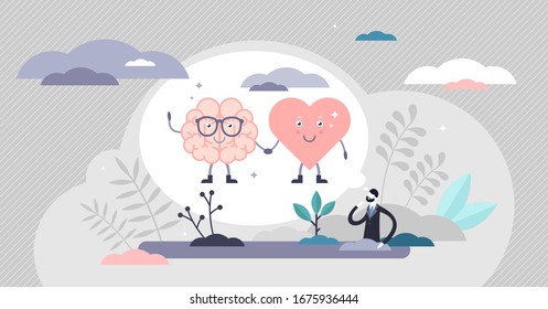 Heart mind connection scene vector illustration flat tiny persons concept. Human metaphoric thinking about harmony and calm lifestyle choice. Symbolic psychological state with mental happiness and joy