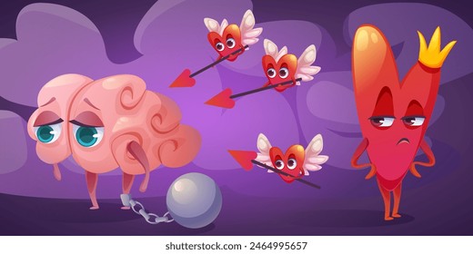 Heart and mind relations and connect concept. Cartoon vector illustration of cardiac with crown and hearts with wings and arrows took brain hostage. Superiority of feelings over intelligence.