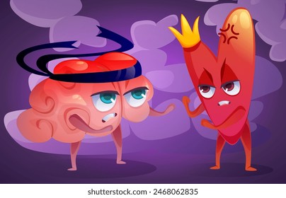 Heart and mind relations and connect concept. Human organs cartoon characters fighting. Brain and heart struggle for intelligence and emotion balance. Vector illustration of feeling and rationality.