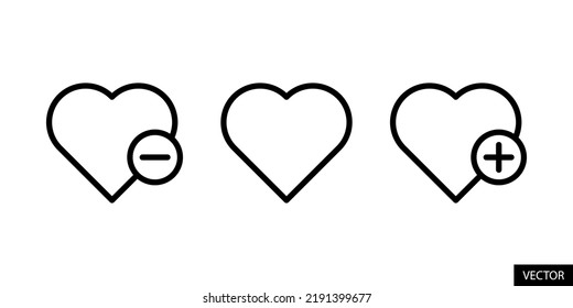 Heart Minus, Plus, Like, Add to favorites, Quitar iconos vectoriales de concepto favoritos en el diseño de estilo de línea para sitios web, aplicaciones, UI, aislados en fondo blanco. Trazo editable. Ilustración vectorial EPS 10.