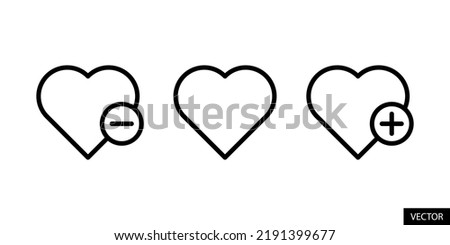 Heart Minus, Plus, Like, Add to favorites, Remove favorite concept vector icons in line style design for website, app, UI, isolated on white background. Editable stroke. EPS 10 vector illustration.