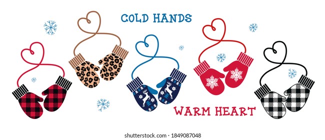 Heart Mittens collection. (Buffalo plaid, leopard, checkered pattern, snowflake, deer). Love and St. Valentine Day concept. Vector clipart.